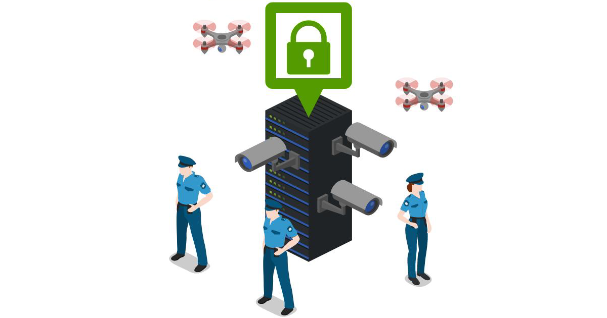 Ilustração de um servidor cercado de guardas, com cameras de segurança e drones realizando a proteção.
